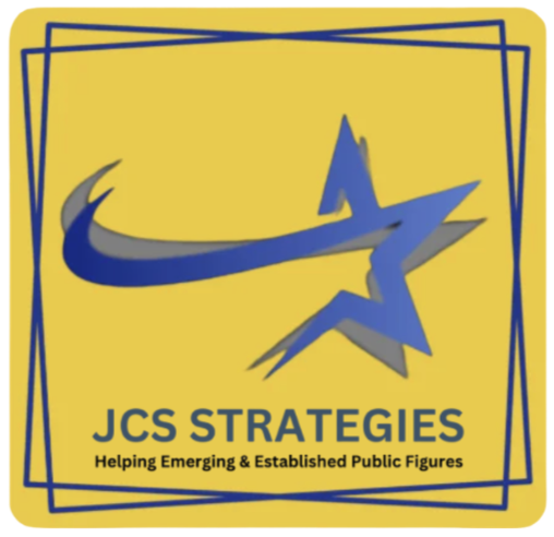Logo for JCS Strategies: yellow square with a blue abstract star and swoosh, and the caption 'Helping Emerging & Established Public Figures' at the bottom.